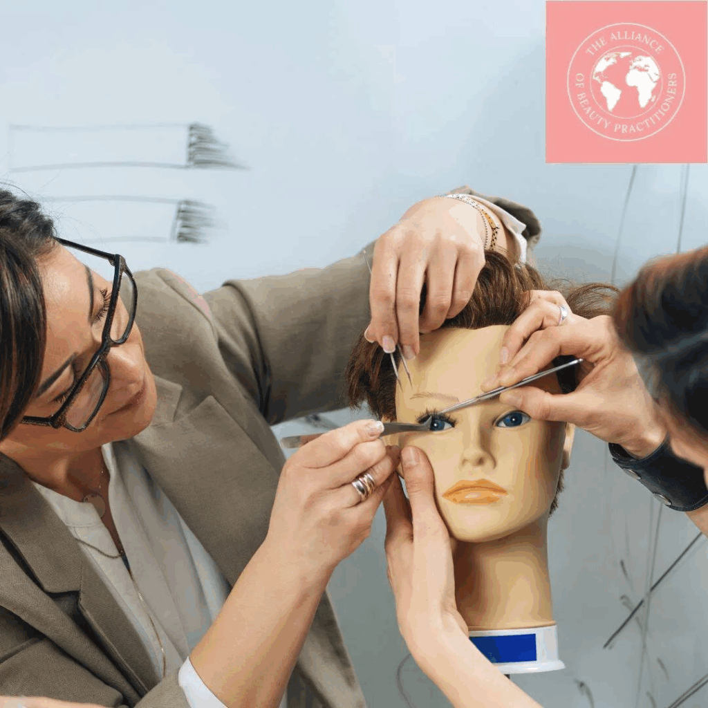 accredited beauty training courses a tutor is showing how to do eyelashes on a dummy head