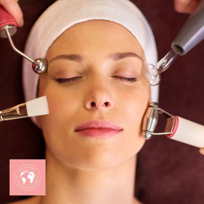 professional beauty services a lady's face receiving various beauty tool applications