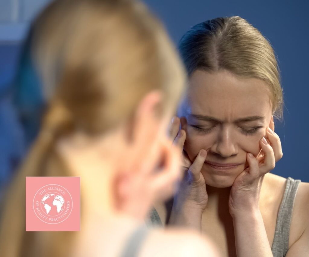 beauty therapy industry makes mistakes, this young girl looking in a mirror is upset