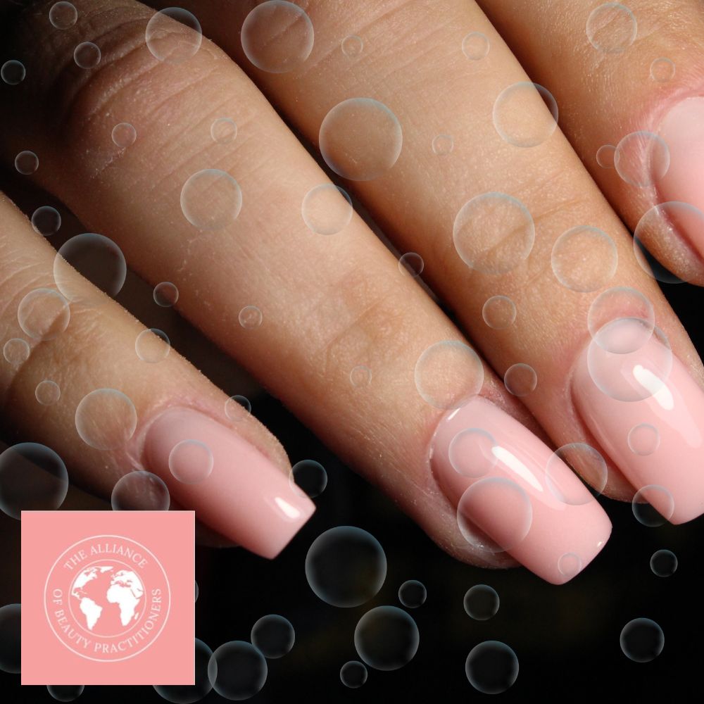 Soap nails trend involves this pink coloured natural nail varnish - overlaid with bubbles