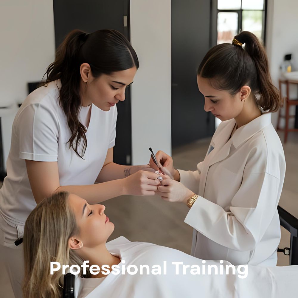 Professional beautician and student in white, model on treatment bed, learning how to do lifted lashes for holidays