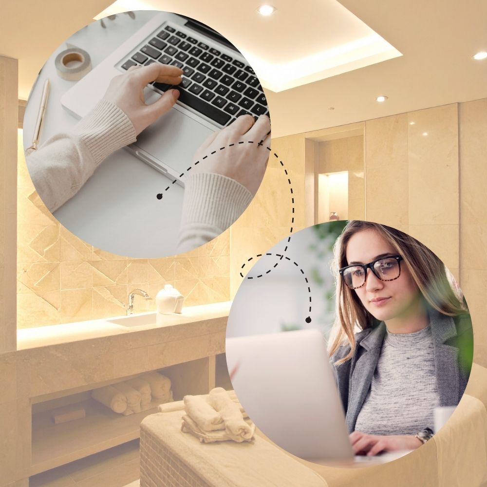 A beauty salon in the background 2 circles with someone typing on a keyboard in one and a woman on her laptop in the other for chat with real people